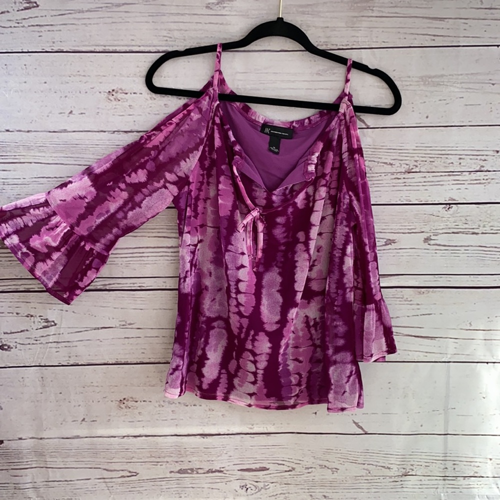 INC International Concepts purple boho tie dye cold shoulder top. M-EUC